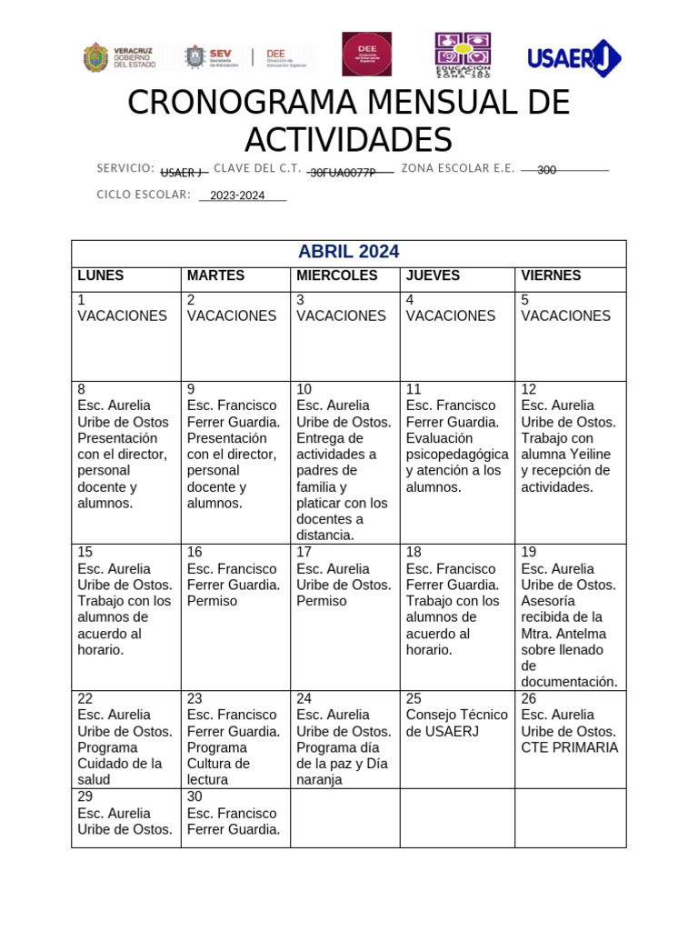 Cronograma de Actividades Abril 2024 | PDF