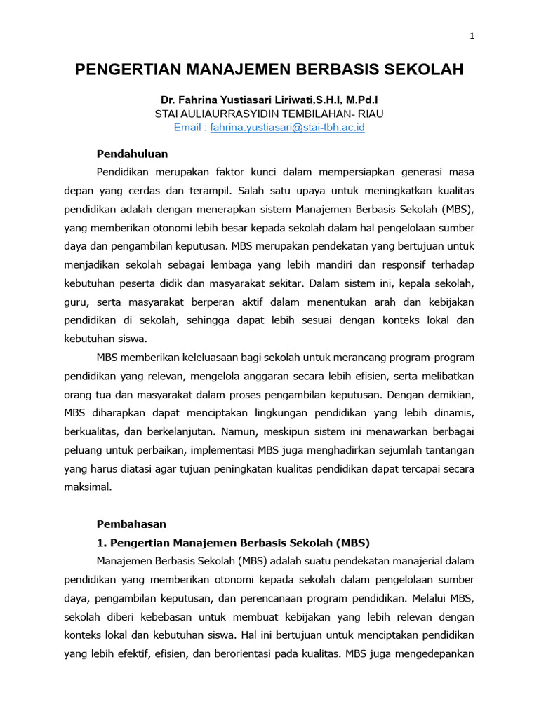 Pengertian Manajemen Berbasis Sekolah | PDF