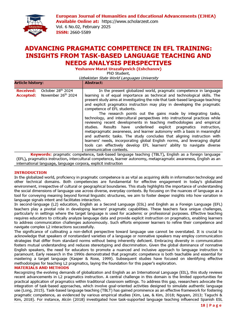 Advancing Pragmatic Competence in Efl TR 740a159a | PDF | English As A ...