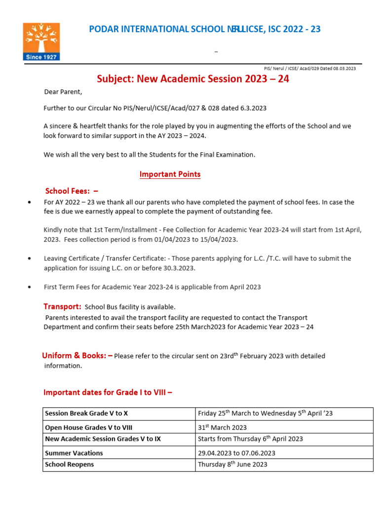 Circular No. 029 - New Academic Session 2023-2024 | PDF | Educational ...