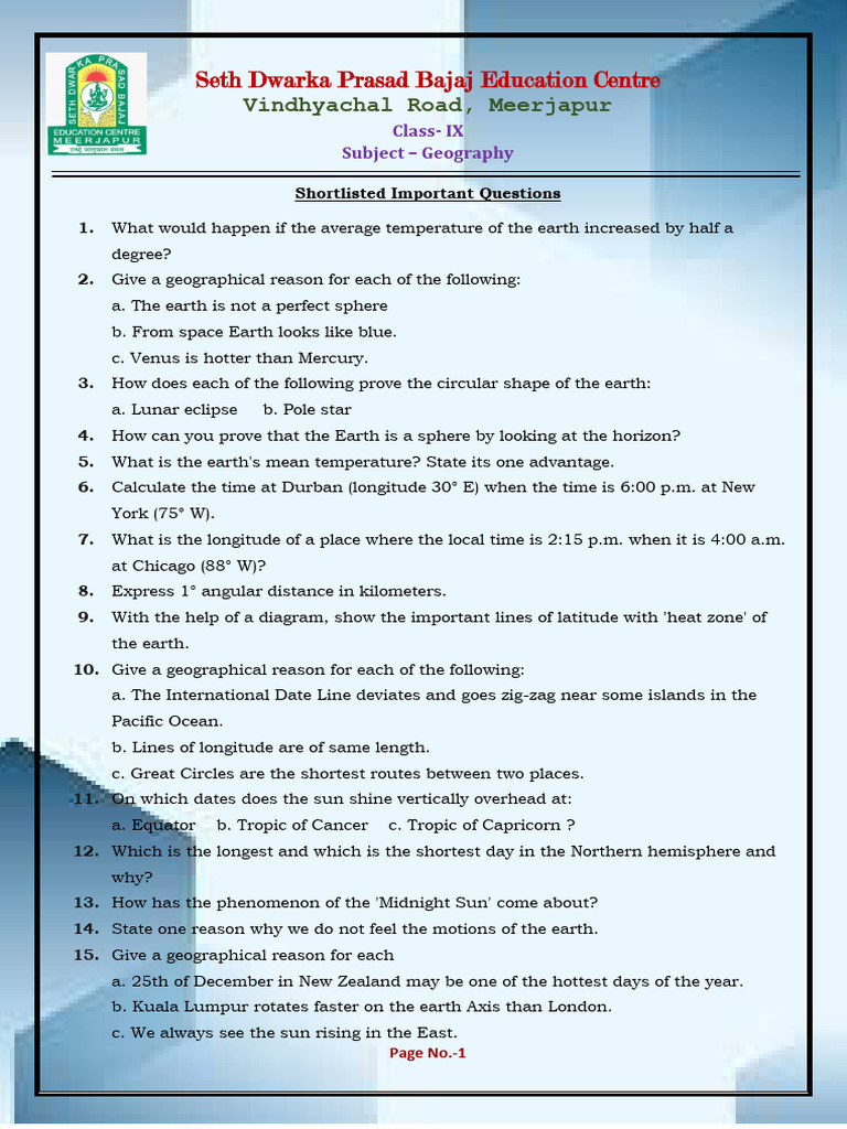 Class 9th Geo 50 Imp Ques | PDF | Rock (Geology) | Longitude