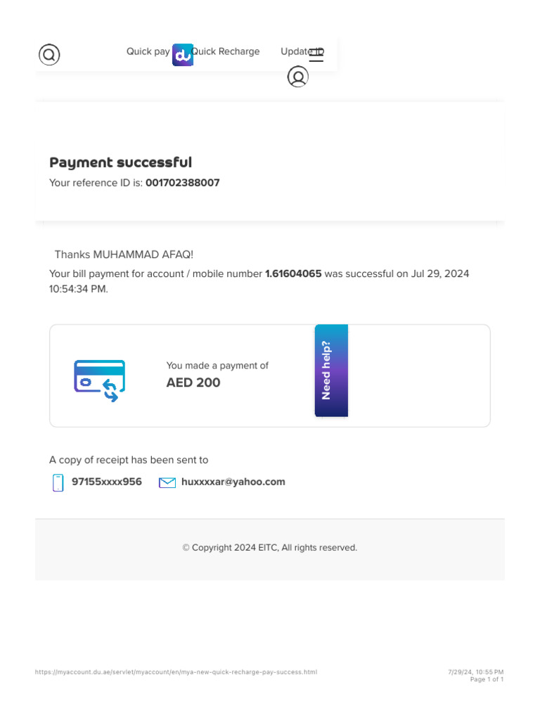 Du Quick Recharge - Quick Pay - Confirmation! | PDF