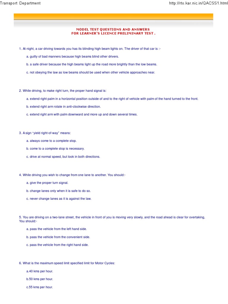 Learner's Licence Test Questions PDF | PDF | Traffic | Traffic Light