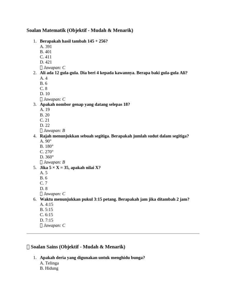 Kuiz Matematik dan Sains Tahun 6 | PDF