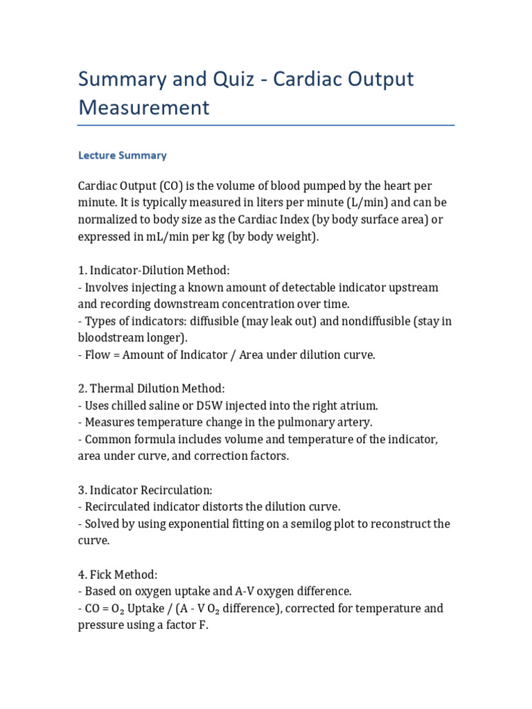 Cardiac Output Measurement Methods Explained | PDF | Heart | Angiology