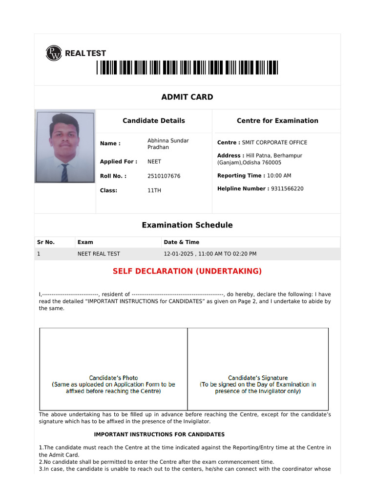Admit Card: Candidate Details Centre For Examination | PDF | Identity ...