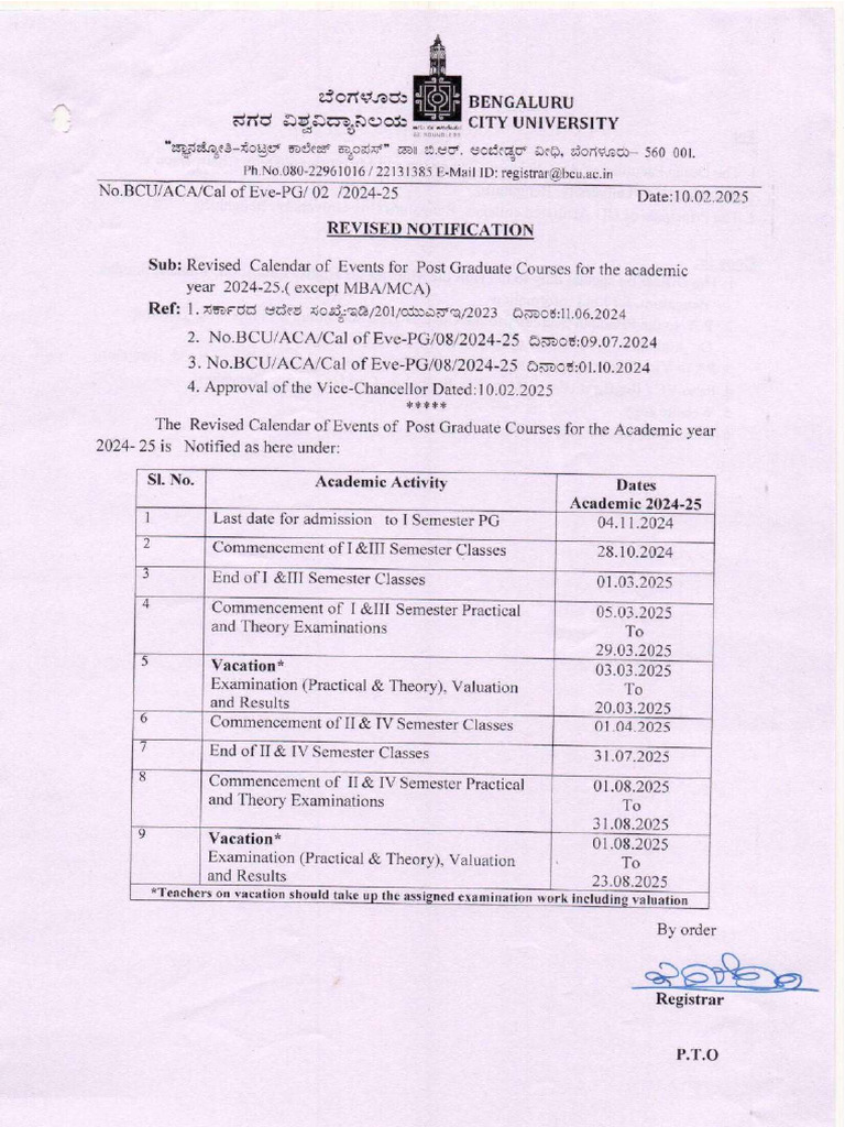 Revised Calendar of Events For PG Courses | PDF