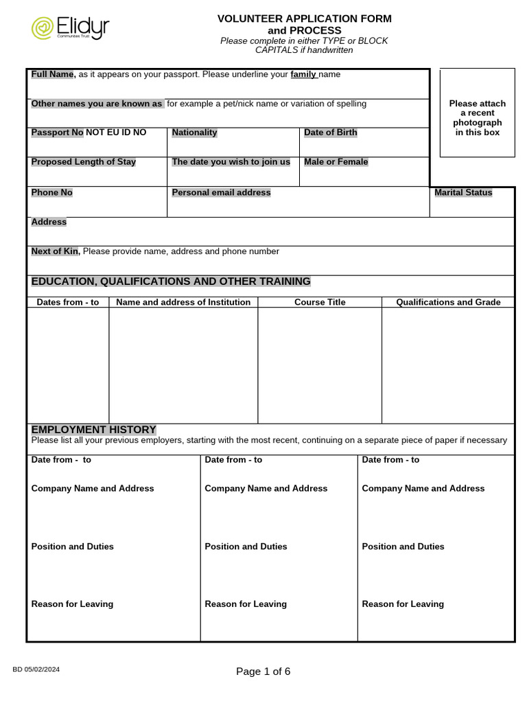 Coleg Elidyr Volunteer Application Form | PDF | Travel Visa