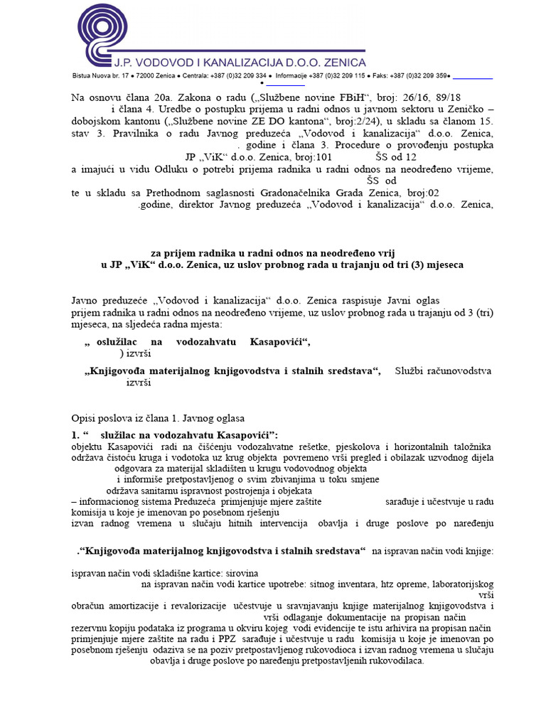 Javni Oglas Za Prijem Radnika U Radni Odnos Na Neodredjeno Vrijeme U JP ...