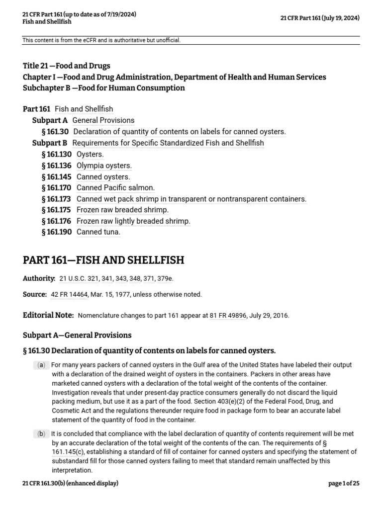 21 CFR Part 161-FISH AND SHELLFISH | PDF | Oyster