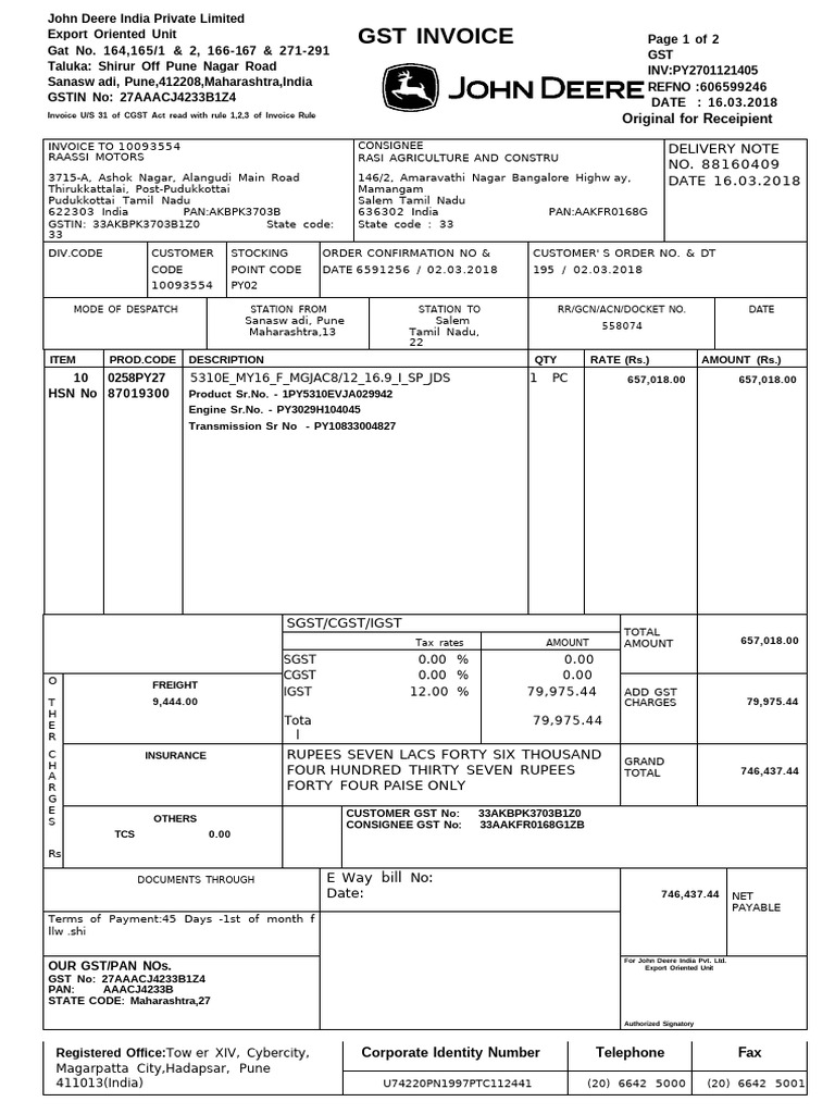 John Deere Tractor Invoice Details | PDF | Legal Liability | Breach Of ...