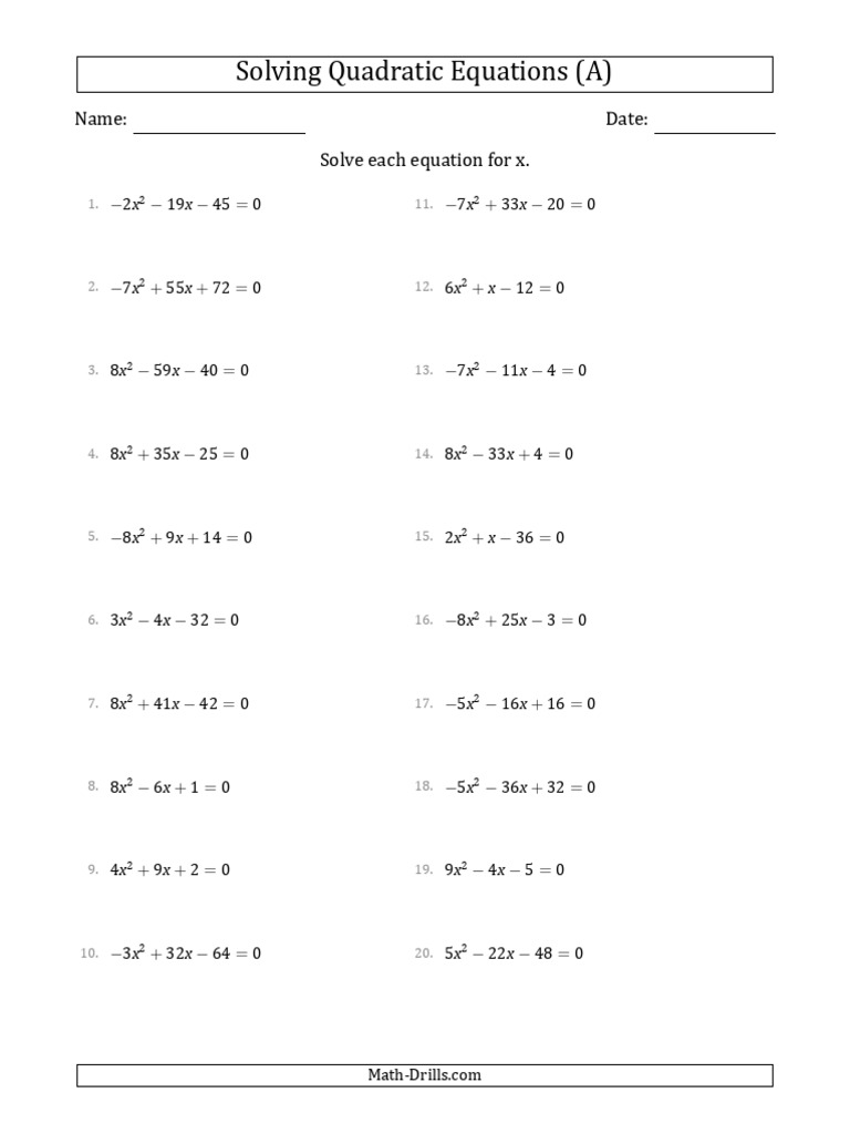 Quadratic Equations Practice Set | PDF