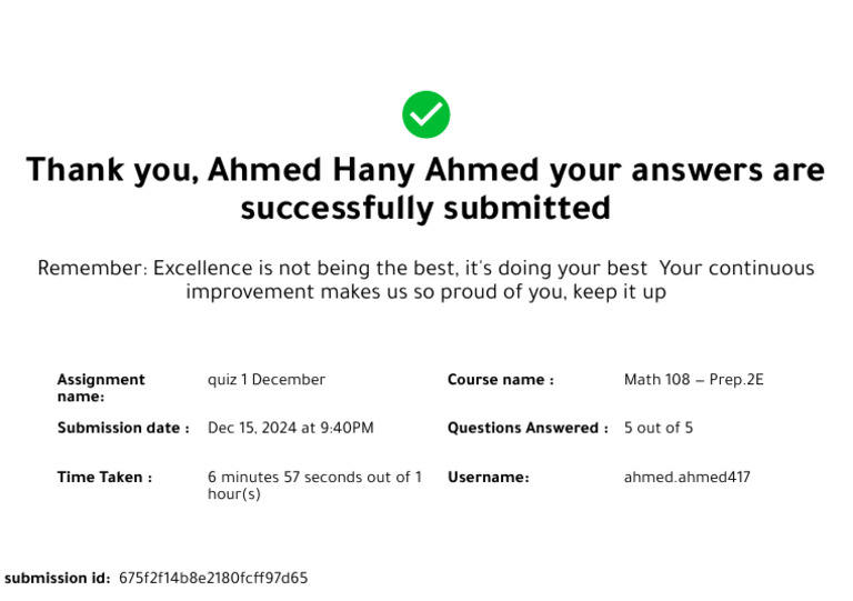 Quiz 1 Submission Confirmation for Math 108 | PDF