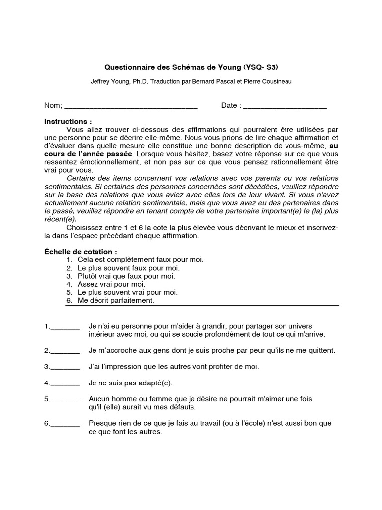 Questionnaire des Schémas de Young (YSQ-S3) | PDF