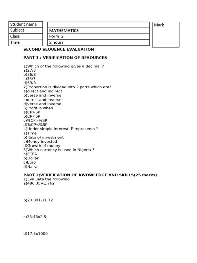 Form 2 Mathematics Evaluation Guide | PDF