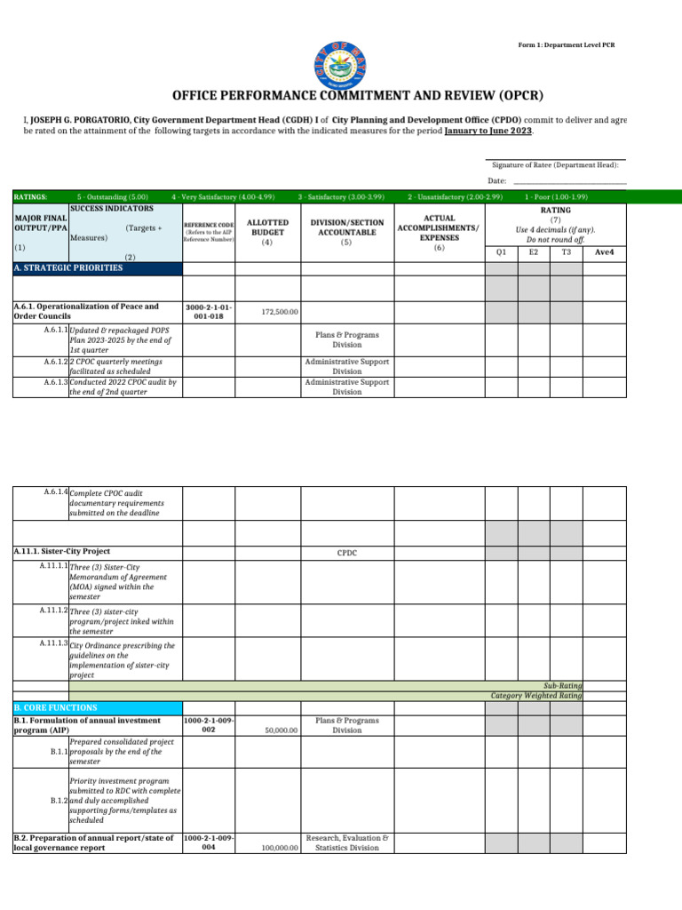 OPCR Form 1: Department Commitments | PDF