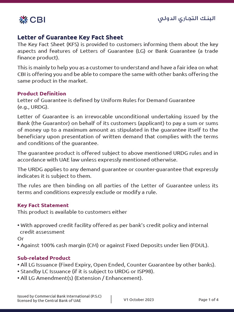 3 Letter of Guarantee Key Fact Sheet TB Ops Legal Compliance Ops Risk ...