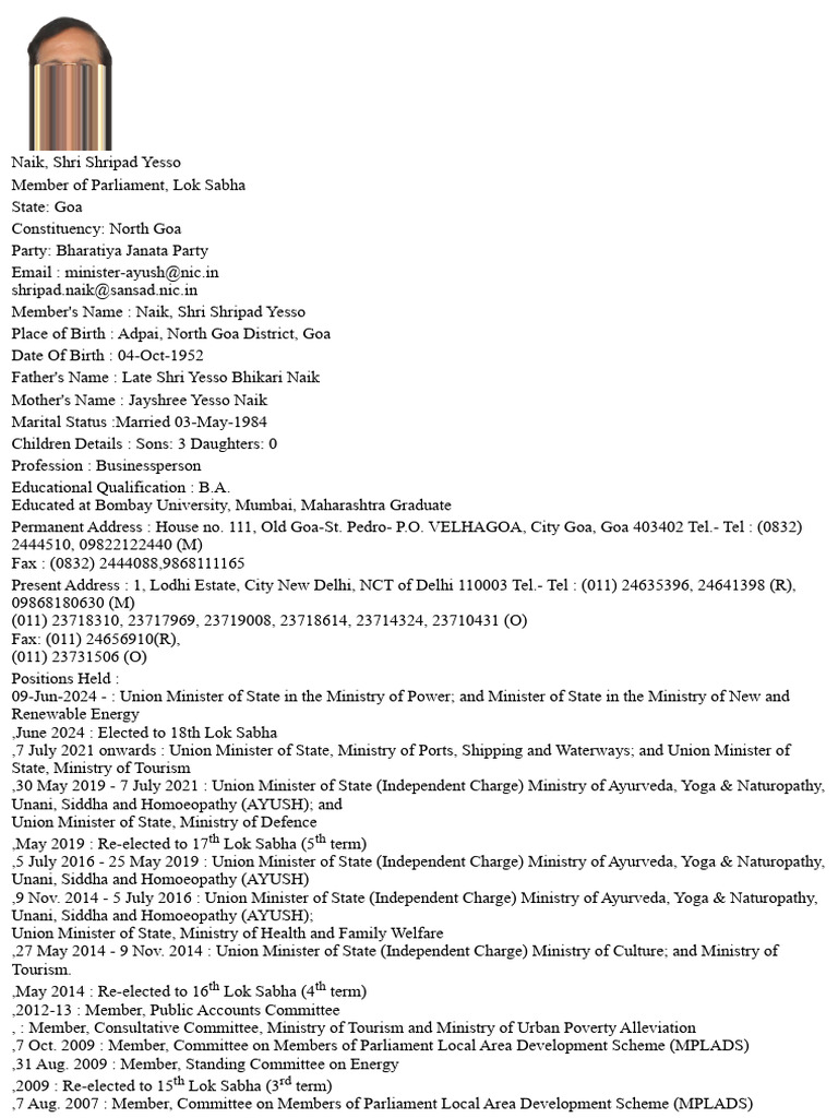 Shri Shripad Naik: Goa MP Profile | PDF | Government Of India | Government