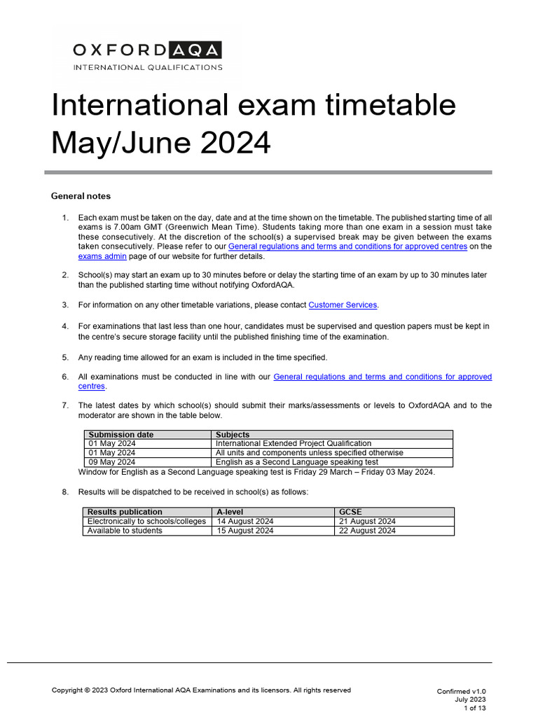 Oxford AQA Exam Timetable 2024 | PDF | Gce Advanced Level (United ...