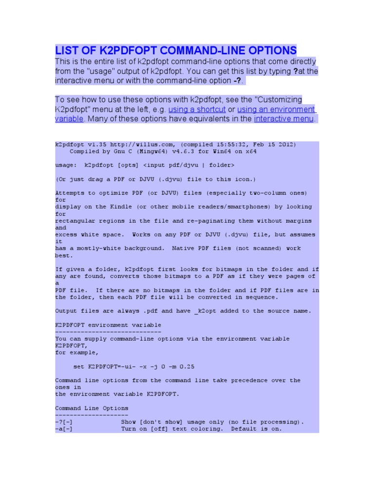 List of K2pdfopt Command | PDF | Command Line Interface | Portable Document  Format