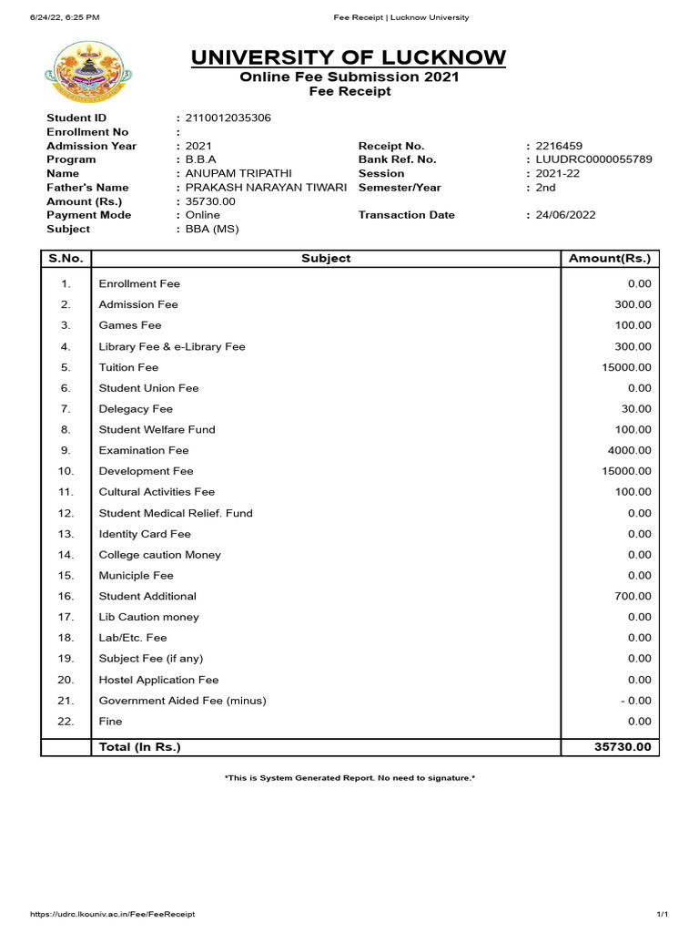 Fee Receipt - II Semester | PDF | Payments | Services (Economics)