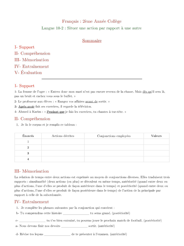 Langue 10 2 Situer Une Action Par Rapport A Une Autre 2 | PDF