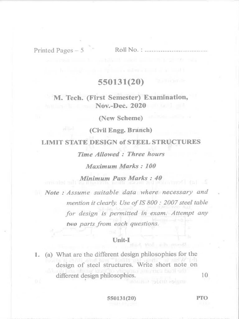 Mtech 1 Sem Ce Limit State Design of Steel Structures 550131 Dec 2020 | PDF