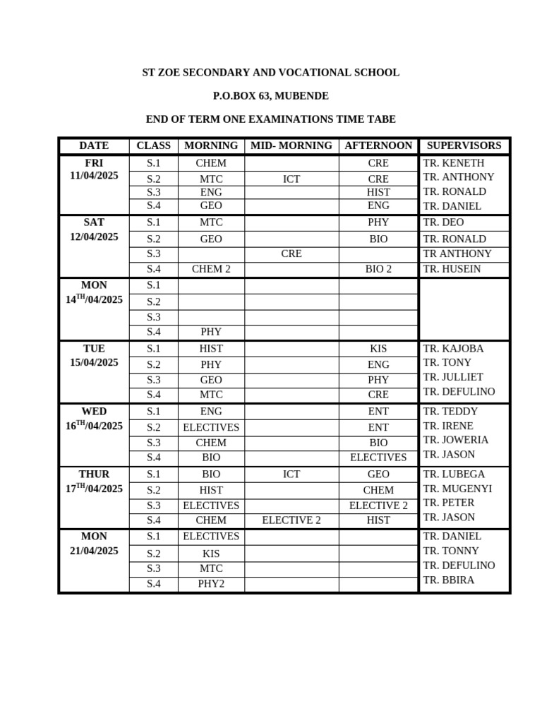 End of Term 1 Exam Schedule | PDF