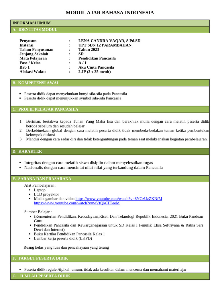 Modul Ajar Pancasila Kelas 1 SD | PDF