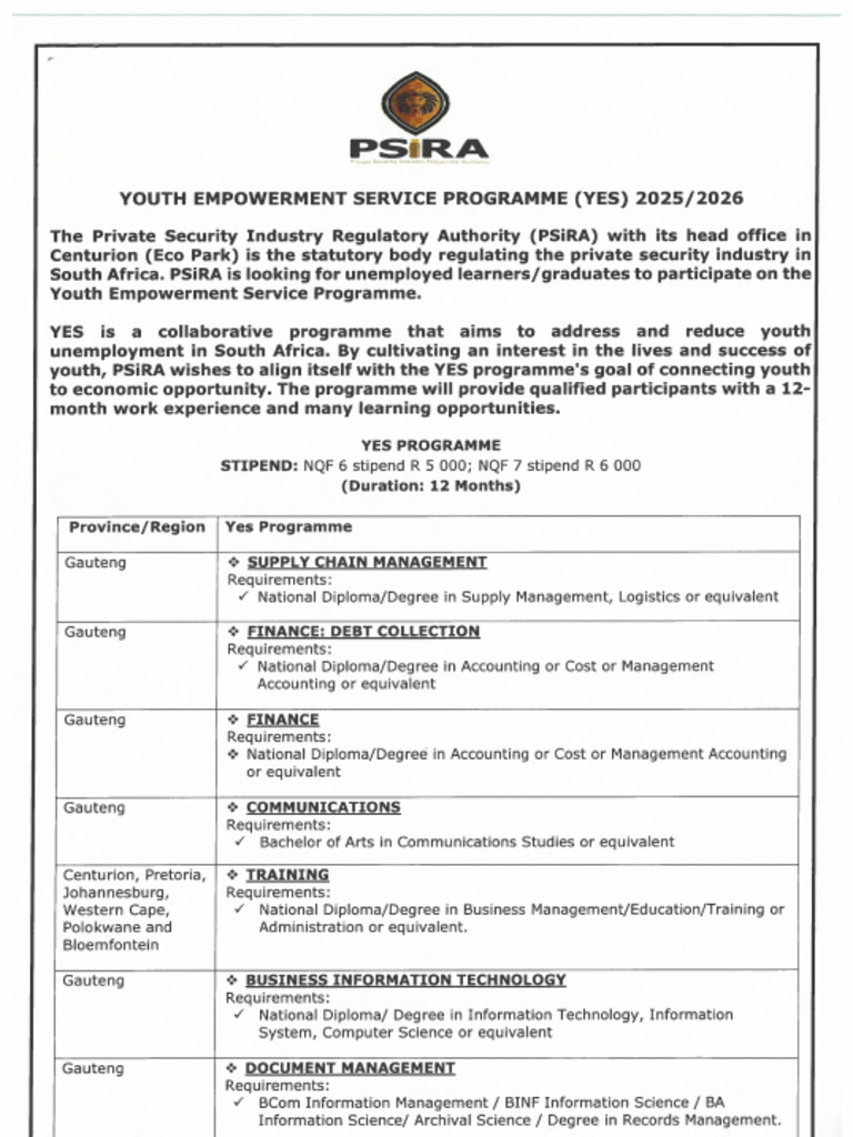 PSIRA YES PROGRAMME 2026 APPLY FOR INTERNSHIPS CAREERS IN visual data 5