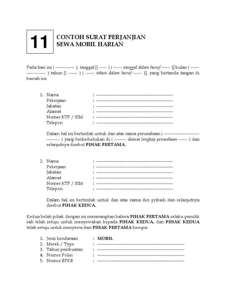 Contoh Surat Perjanjian Sewa Mobil Harian Berbagi Contoh