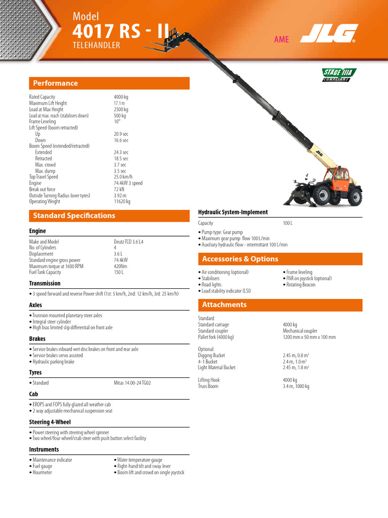 JLG 4017 RS-II Telehandler Specs | PDF | Axle | Vehicles