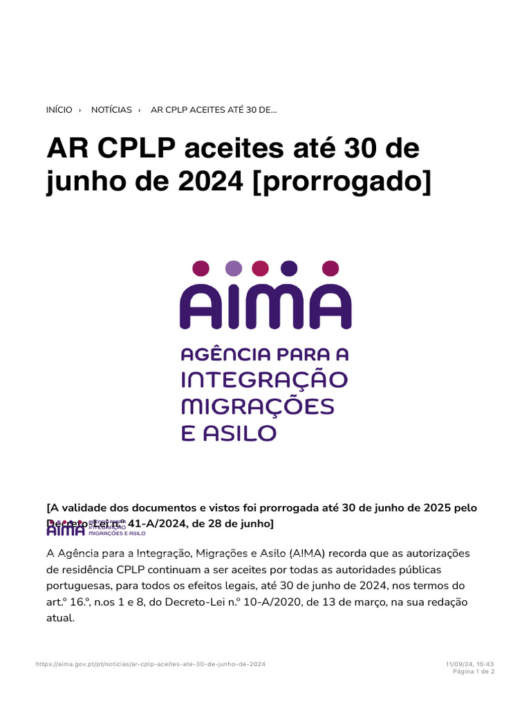 AR CPLP Aceites Até 30 de Junho de 2024 (Prorrogado) | PDF