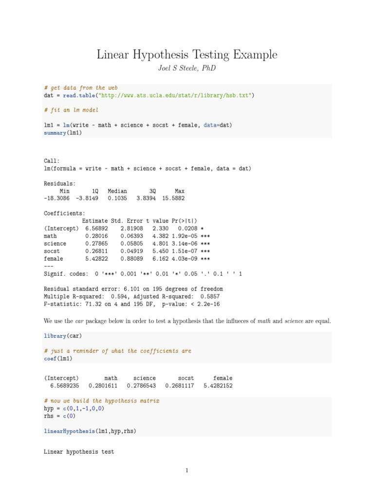 Linear Hypothesis Testing in R | PDF | Coefficient Of Determination ...