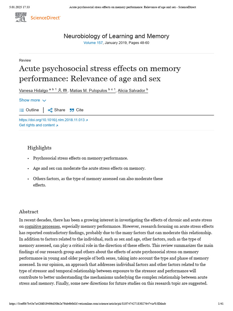 Acute Memory Stress Effects On Memory Relevance of Age and Sex ...