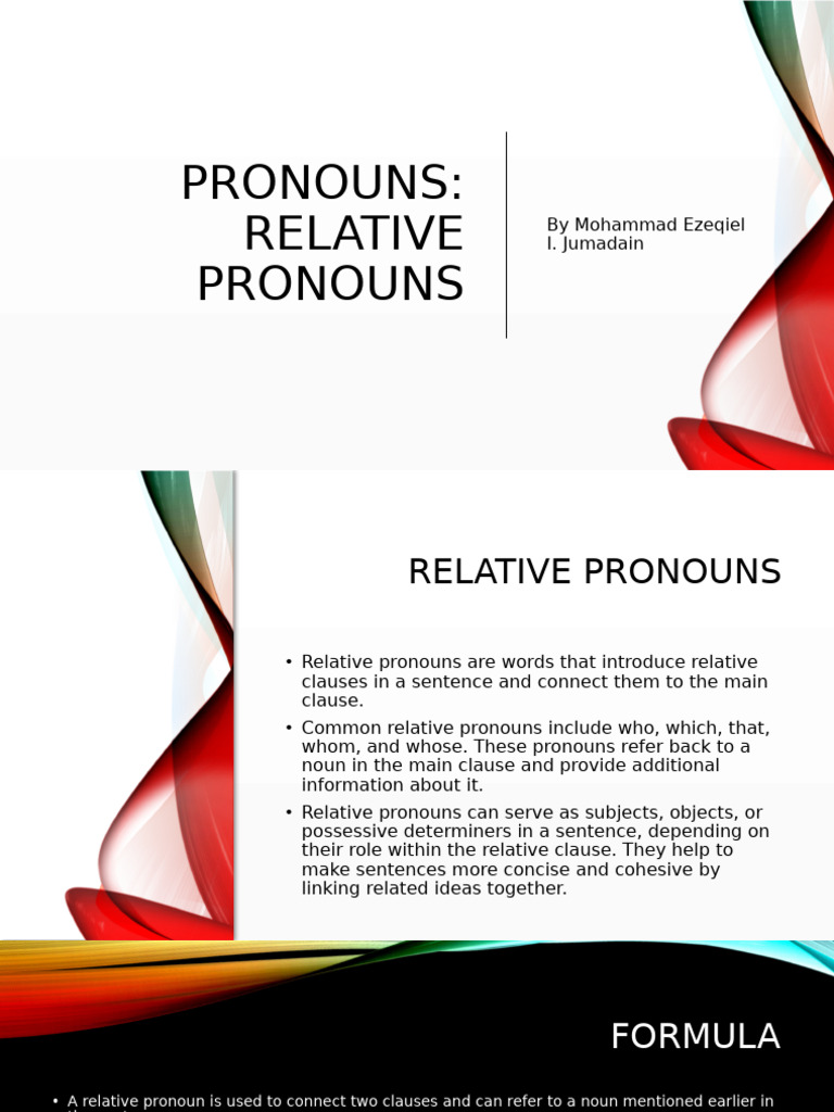 Relative Pronoun Usage and Formula | PDF | Pronoun | Subject (Grammar)