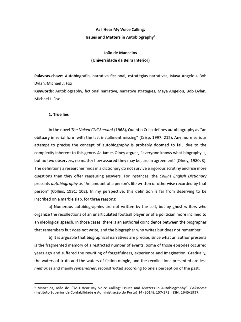 Autobiography: Truth and Narrative Strategies | PDF | Narrative