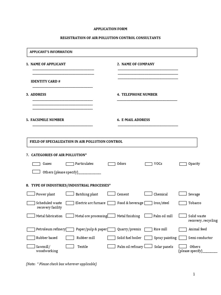 Application Form Registration of Air Pollution Control Consultants1 ...
