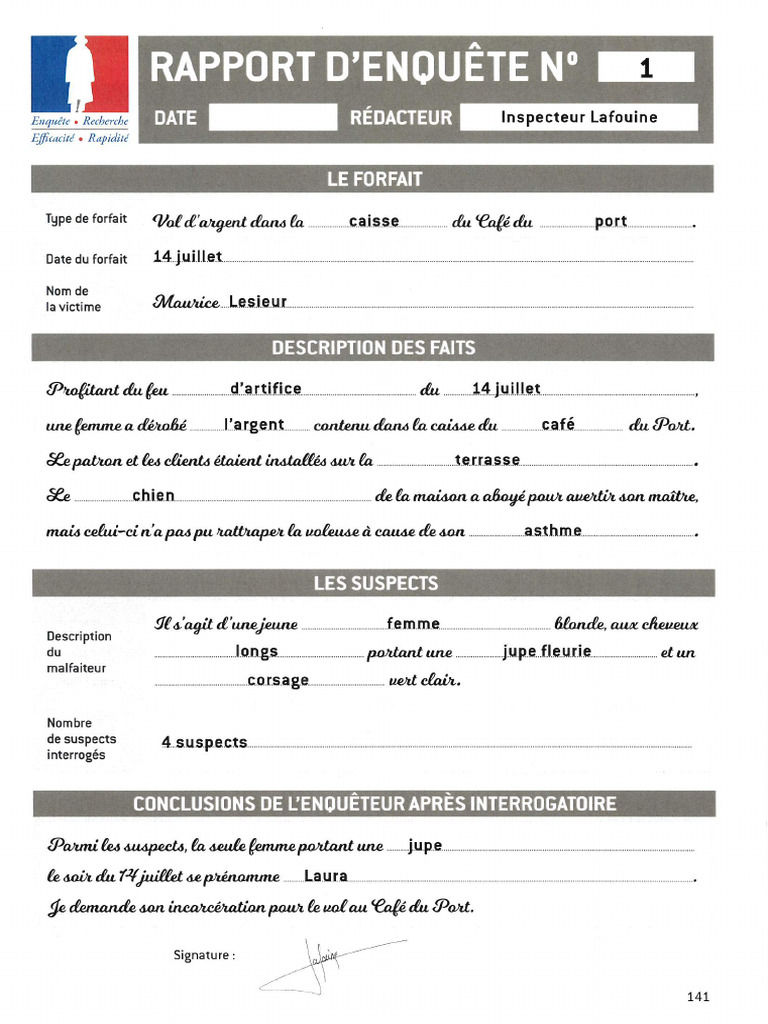 Correction Rapport Denquête Inspecteur Lafouine Pdf 