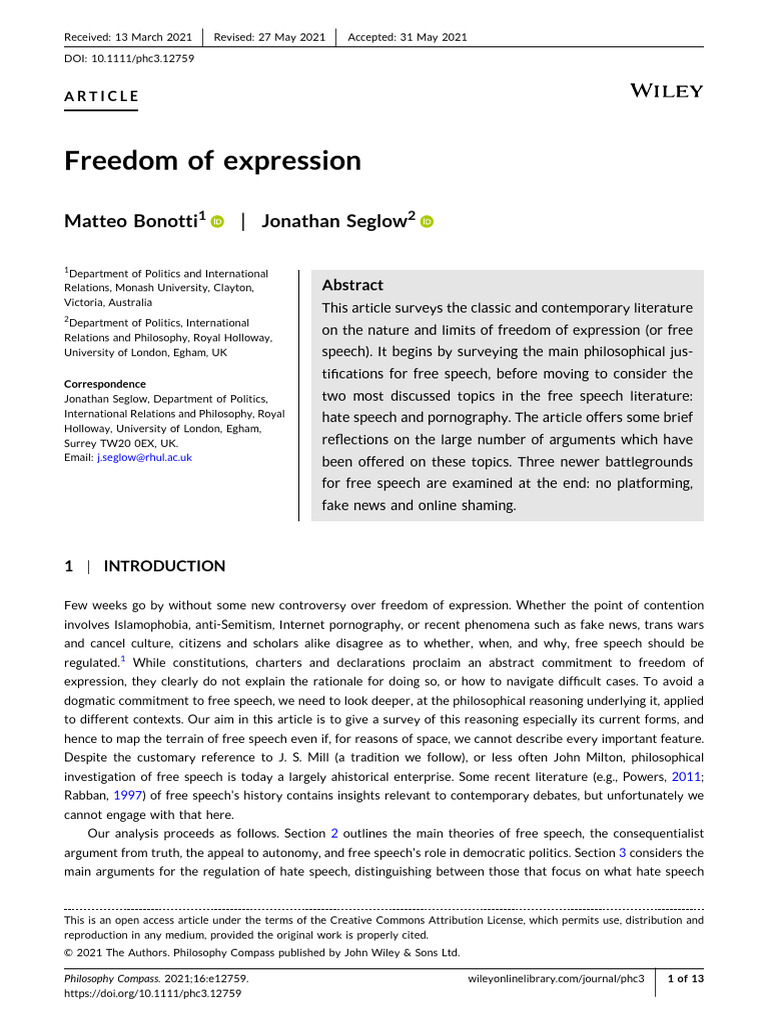 Exploring Freedom of Expression Limits PDF Freedom Of Speech Hate(01)