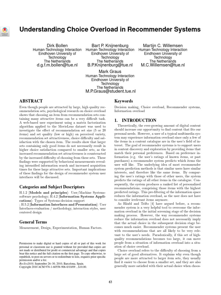 Understanding Choice Overload in Recommender Systems | PDF | Factor ...