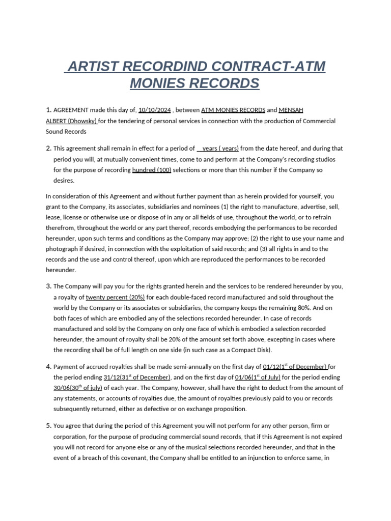 Artist 360 Recording Contract Agreement | PDF | Royalty Payment ...
