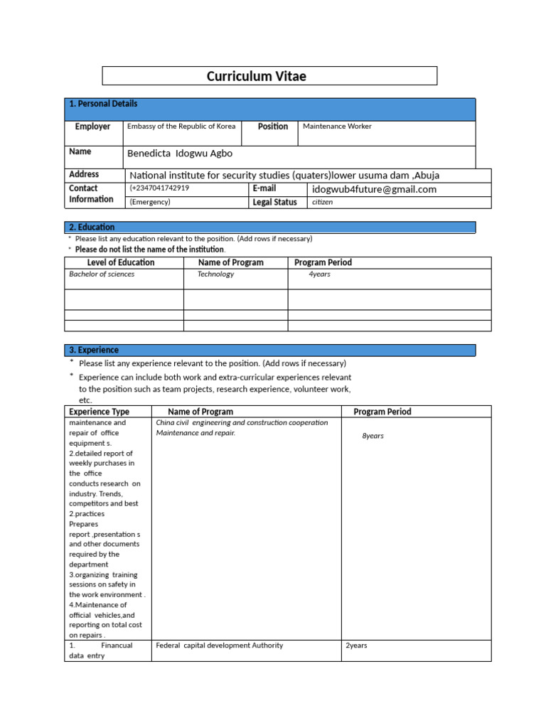 Maintenance Worker CV for Embassy Role | PDF