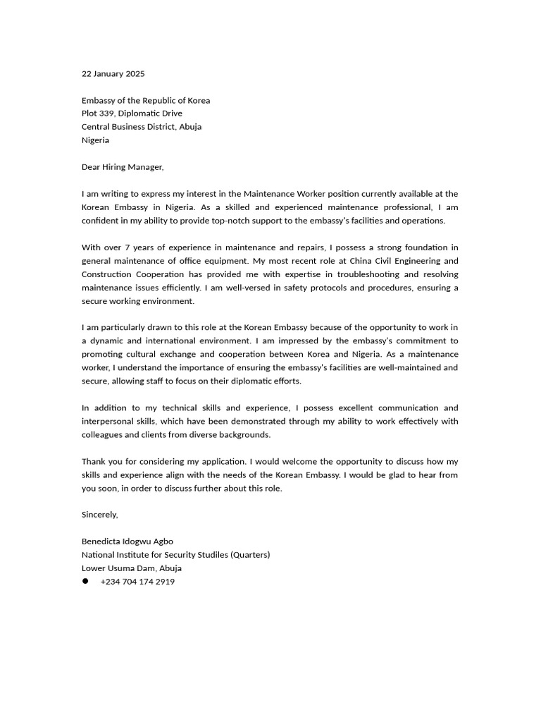 SAMPLE APPLICATION LETTER FOR MAINTENANCE POSITION intelligence overview