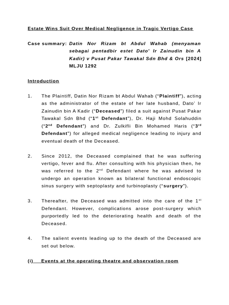 Medical Negligence - Datin Nor Rizam V Pusat Pakar Tawakal SDN BHD 0 ...