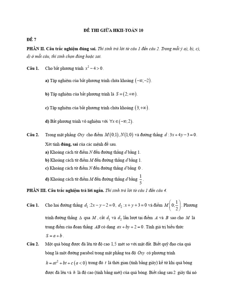 ĐỀ THI GIỮA HKII (7, TN 8,9,10,11) | PDF
