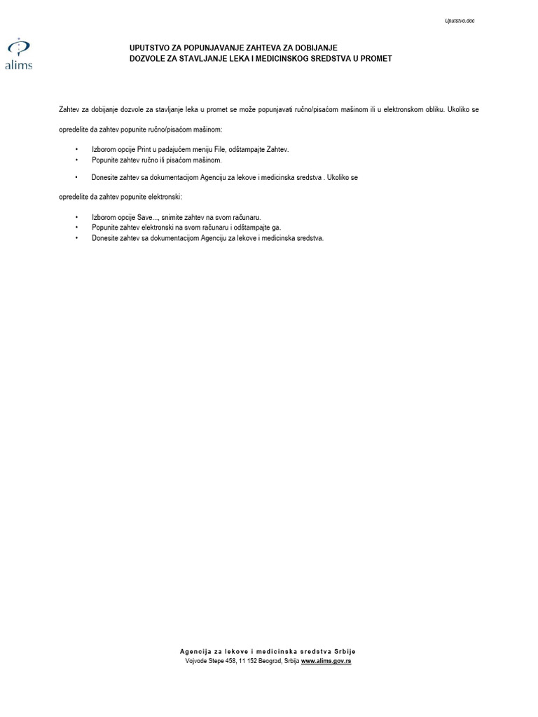 Uputstvo Za Popunjavanje Zahteva Za Dobijanje Dozvole Za Stavljanje ...