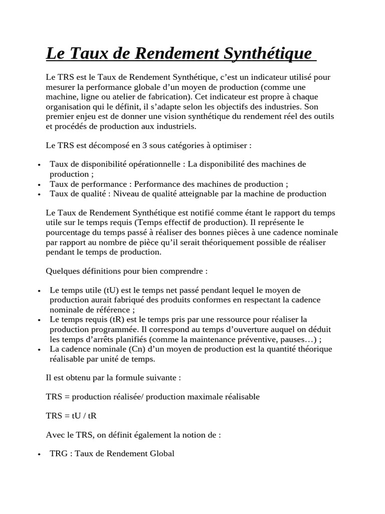 Taux de Rendement Synthétique (TRS) | PDF