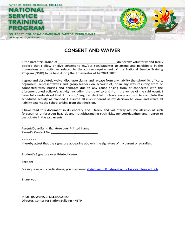 NSTP Consent and Waiver Form | PDF