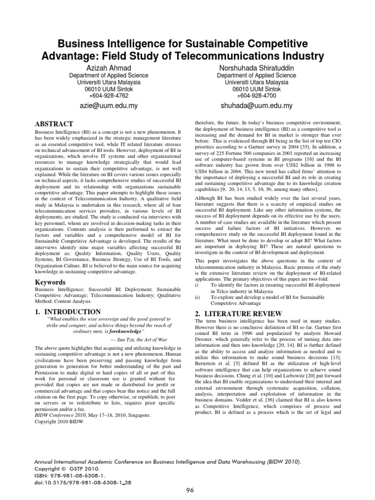 Business Intelligence For Sustainable Competitive Advantage: Field ...